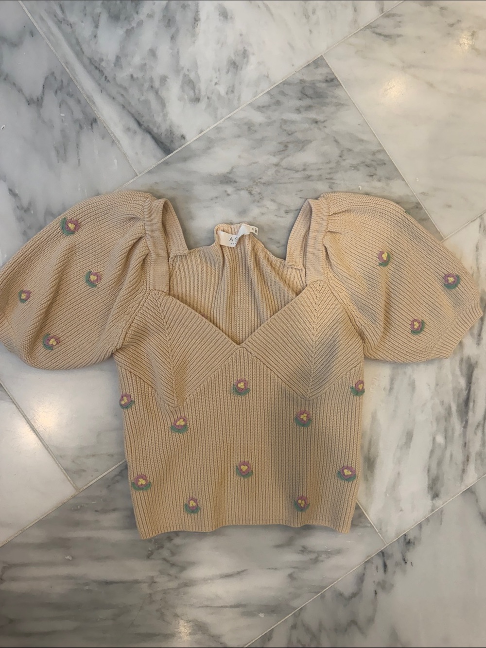 Astr Beige Puff-Sleeve Ribbed V-Neck Sweater with Floral Embroidery
